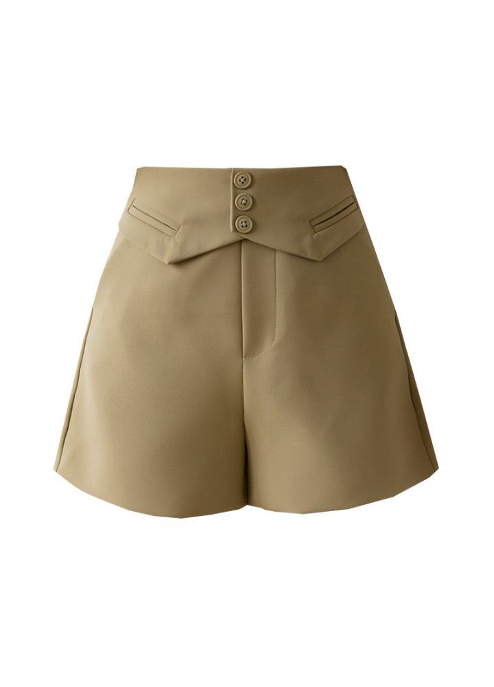 Korean shorts women's 2021 spring and summer new button suit shorts show thin foreign style leisure High Waist Wide Leg Pants