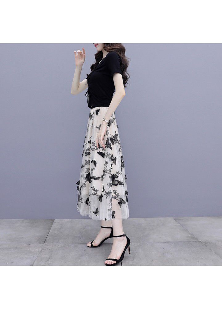 Half length skirt suit 2021 new women's summer style foreign style mesh skirt suit skirt two piece set