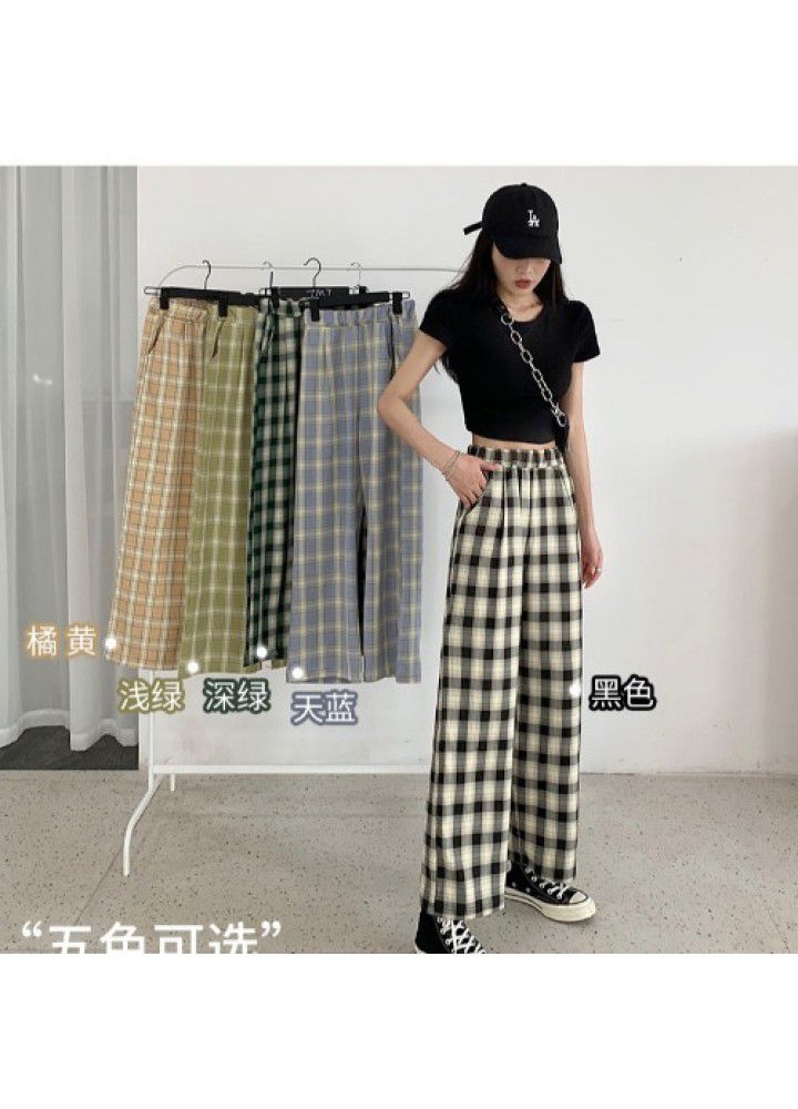 Loose straight pants children's 2021 summer new plaid pants vertical feeling high waist floor dragging pants wide leg pants casual pants fashion