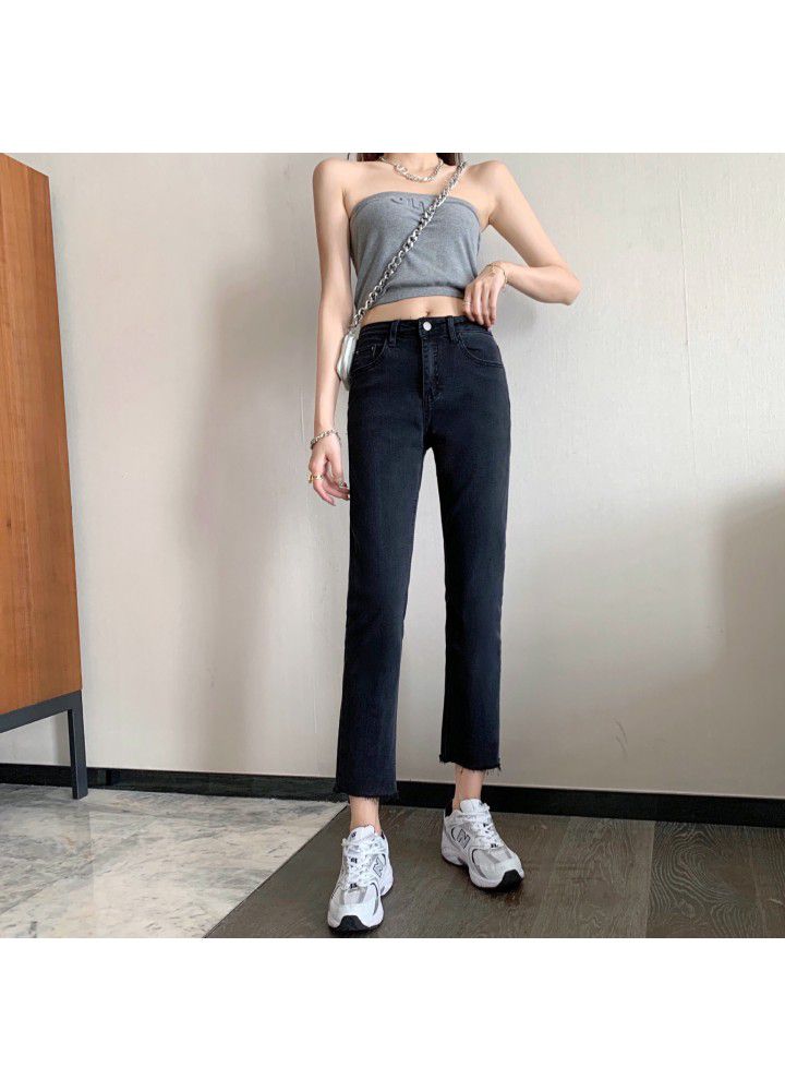 Wholesale 2021 spring high waist jeans women's straight tube loose and thin stitching button pipe