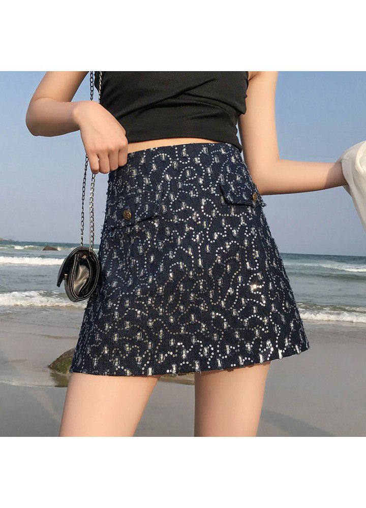Real shot 2021 summer new Korean version versatile high waist Sequin holes show thin A-line short skirt denim skirt women