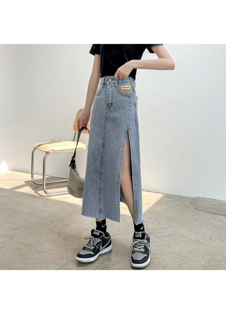 High waist side split denim skirt women's new summer cotton Korean slim fit & slim in middle length A-line skirt
