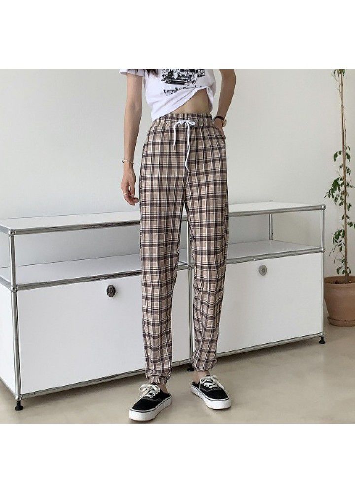 Plaid pants lantern pants summer thin loose wide leg net red casual drawstring quarter sport Leggings