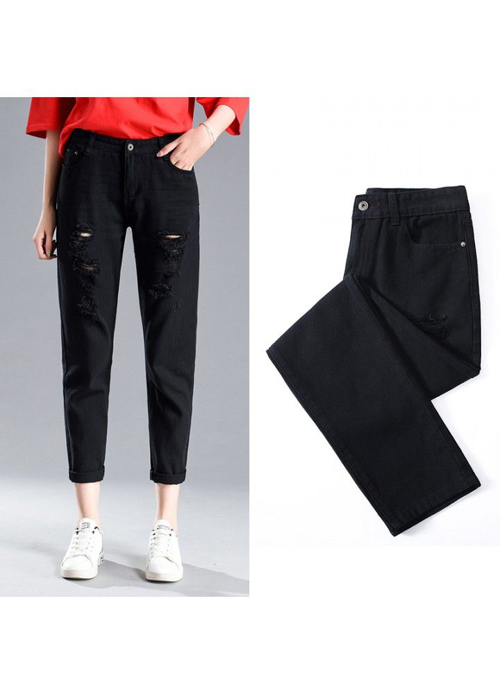 Slim jeans women's hole 9-point-2021 new fashion women's summer SLIM STRAIGHT pants