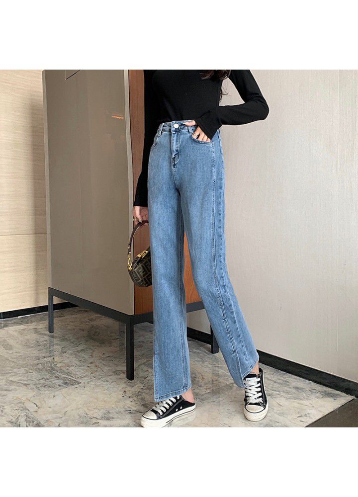 2021 split jeans women's straight tube loose spring and summer new elastic super soft high waist show thin wide leg drop feeling mop the floor