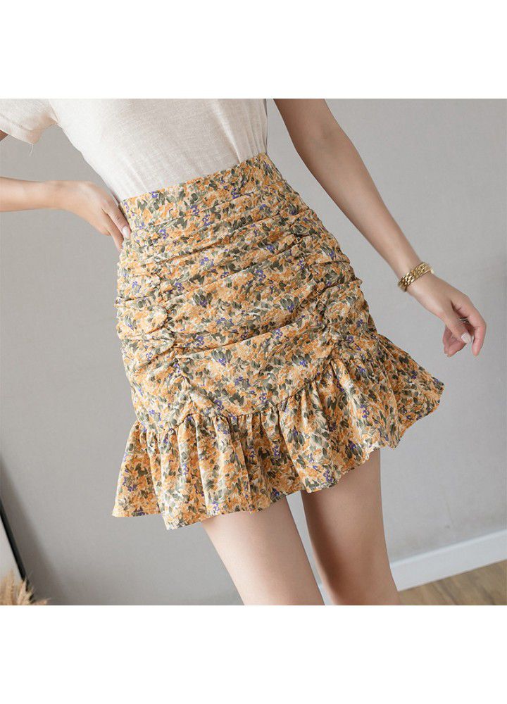 Real shot 2021 summer new Korean floral A-line short skirt, versatile high waist Ruffle Skirt