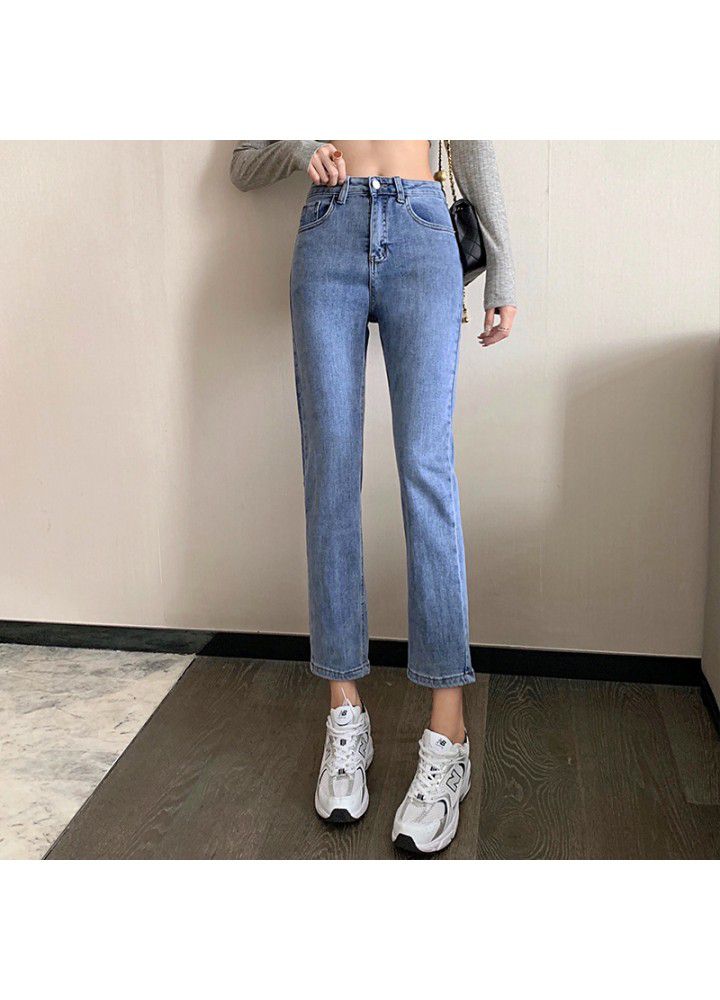 2021 new spring high waist split straight jeans women's spring elastic small pipe Pants Capris