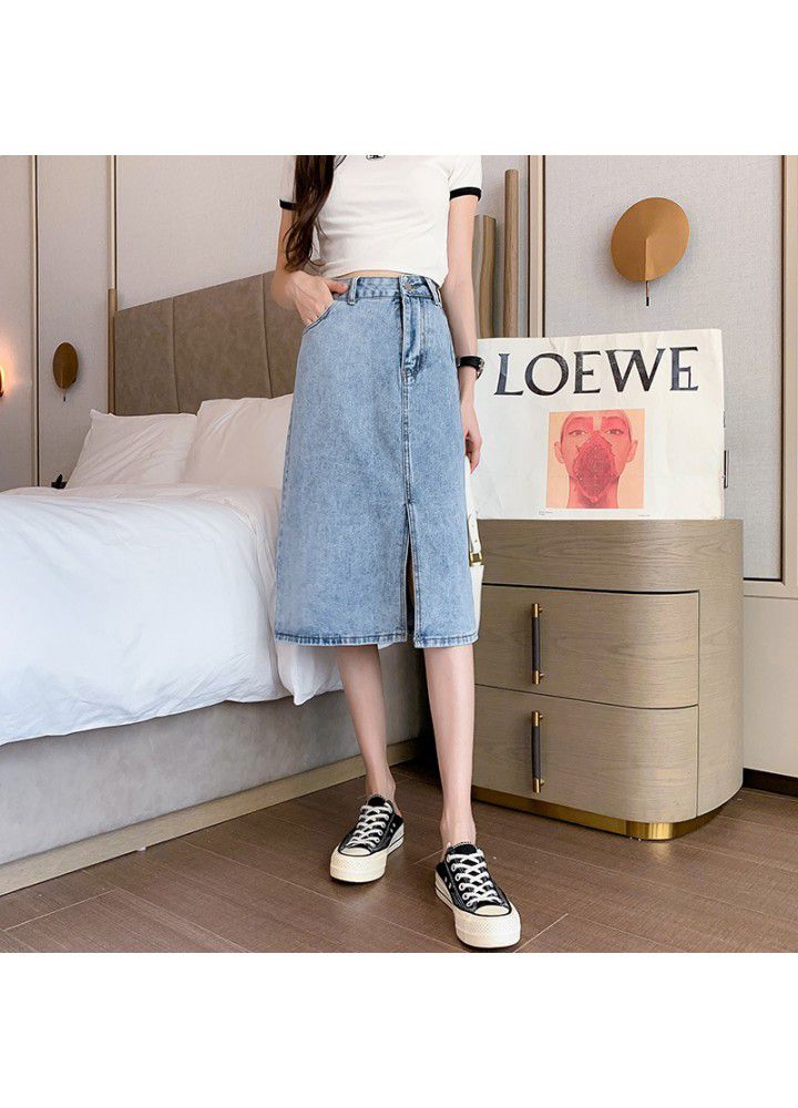 Split length denim skirt women's summer new cotton high waist slim temperament age reduction package hip skirt wholesale