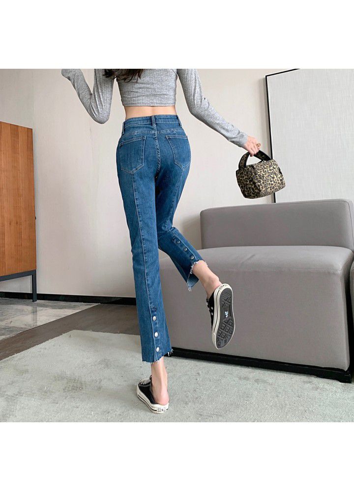 Wholesale 2021 spring high waist jeans women's straight tube loose and thin stitching button pipe
