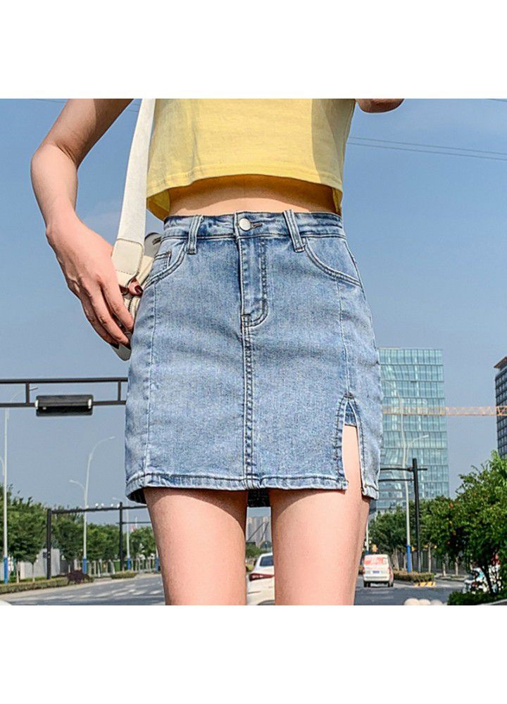 Real photo 2021 summer new net red anti light elastic high waist split denim skirt