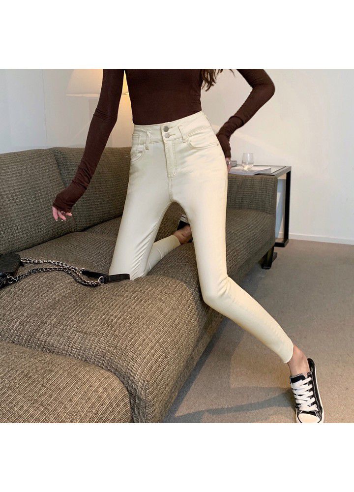 Real photo of beige jeans female 2021 spring new high waist slim tight elastic Leggings pencil pants fashion