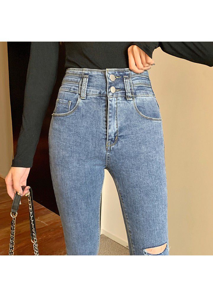 Spring 2021 new real shot hole casual jeans Leggings black elastic high waist tight pencil pants female