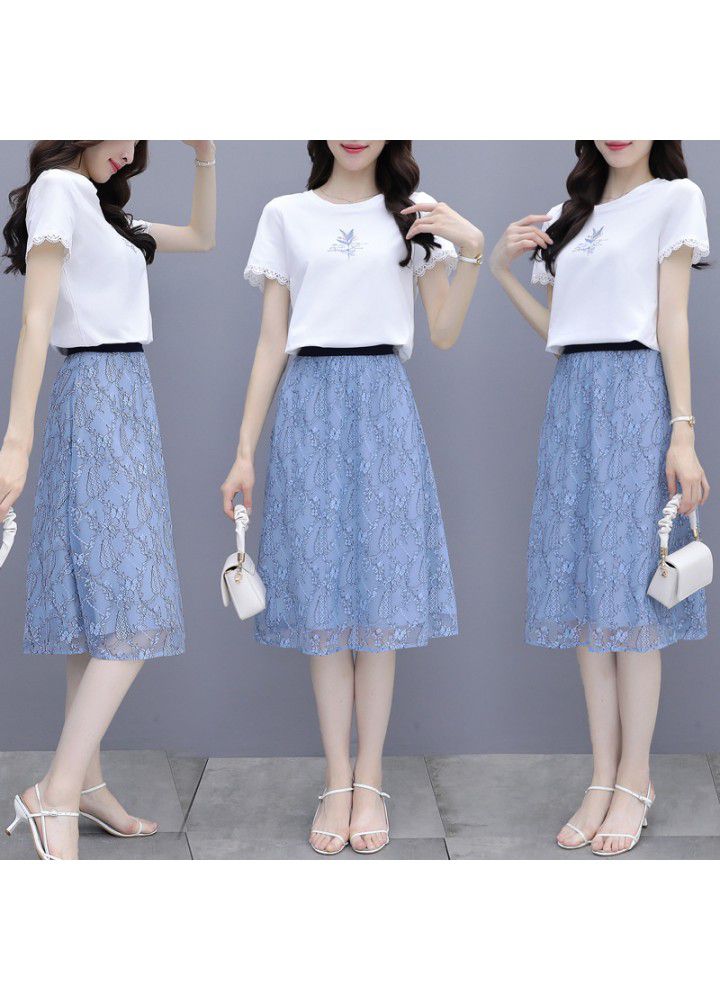 2021 summer new suit elegant temperament age reducing thin T-shirt gauze skirt women's two piece set