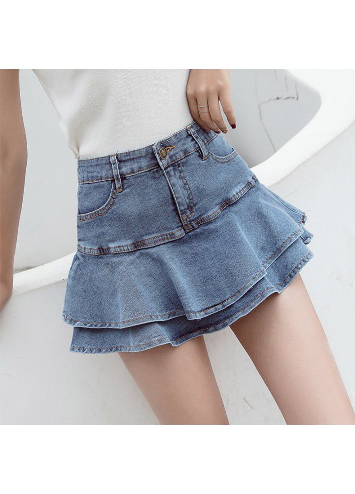 Real shot 2021 summer new Korean versatile high waist Ruffle stitching denim skirt women's temperament skirt