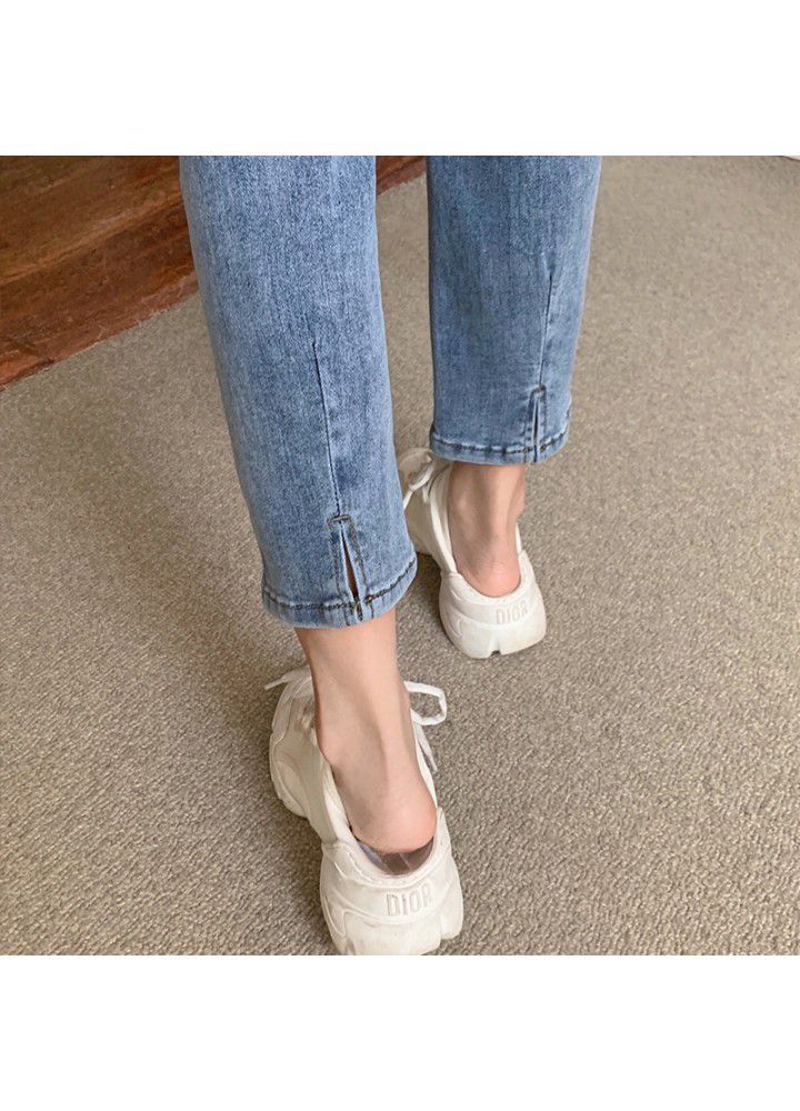2021 spring new style flannel nine point denim pipe pants with split elastic high waist and straight tube, slim and fashionable