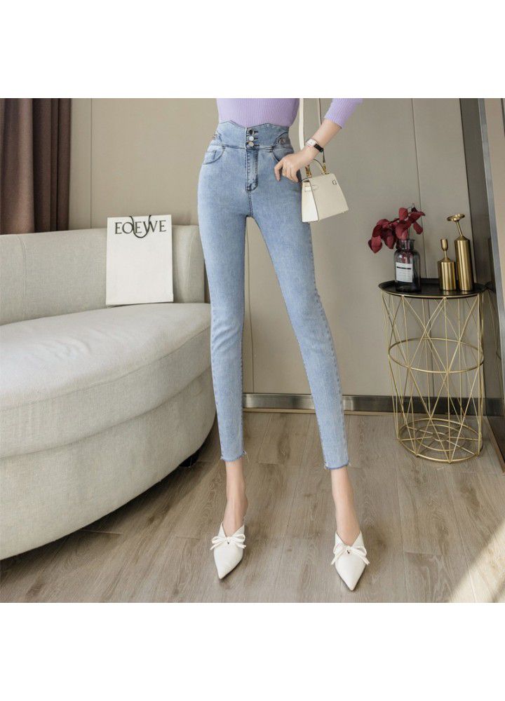 Light blue jeans women's high waist slim 2021 spring and summer new small foot elastic tight pencil pants