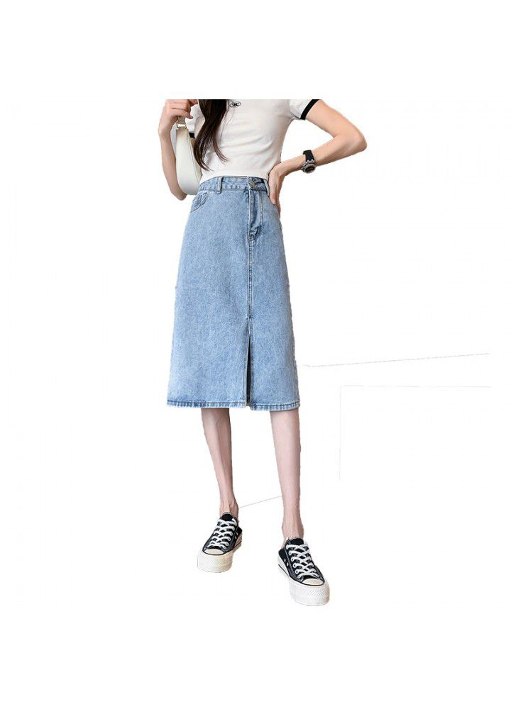 Split length denim skirt women's summer new cotton high waist slim temperament age reduction package hip skirt wholesale