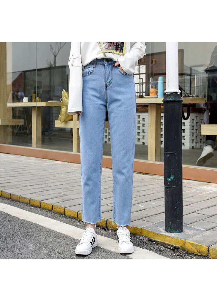 Summer straight white cropped jeans women's wear new Korean slim high waist baggy pants in 2019