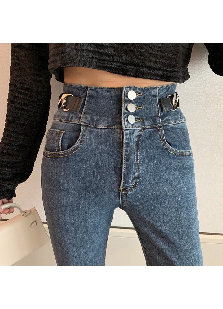 2021 spring new high waist jeans women's chain tight show thin nine pencils small feet long pants nine