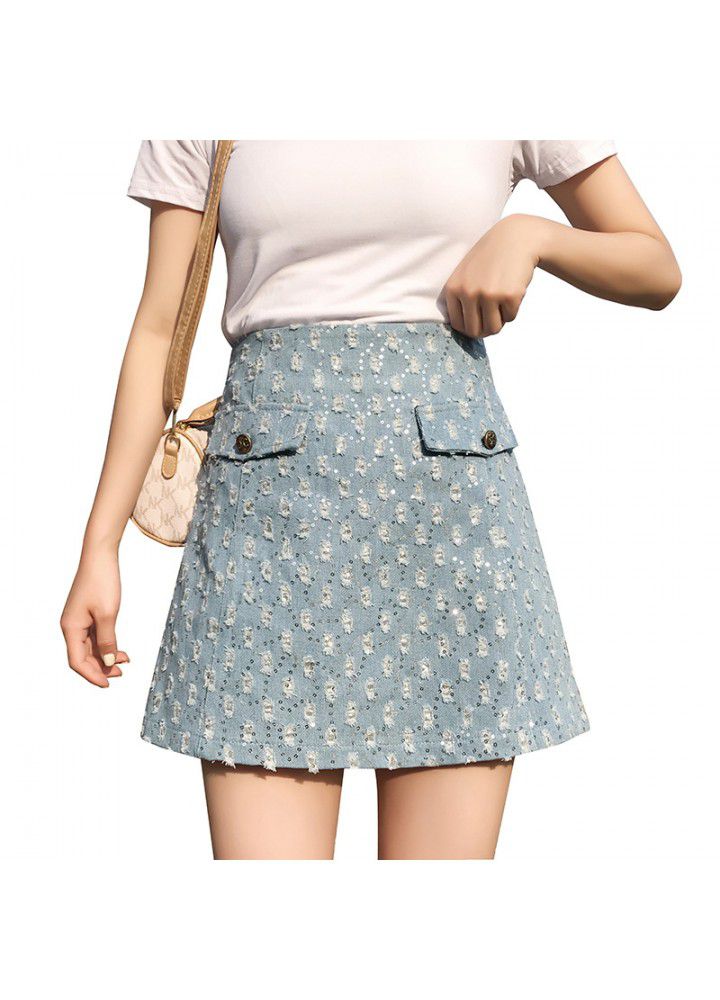 Real shot 2021 summer new Korean version versatile high waist Sequin holes show thin A-line short skirt denim skirt women