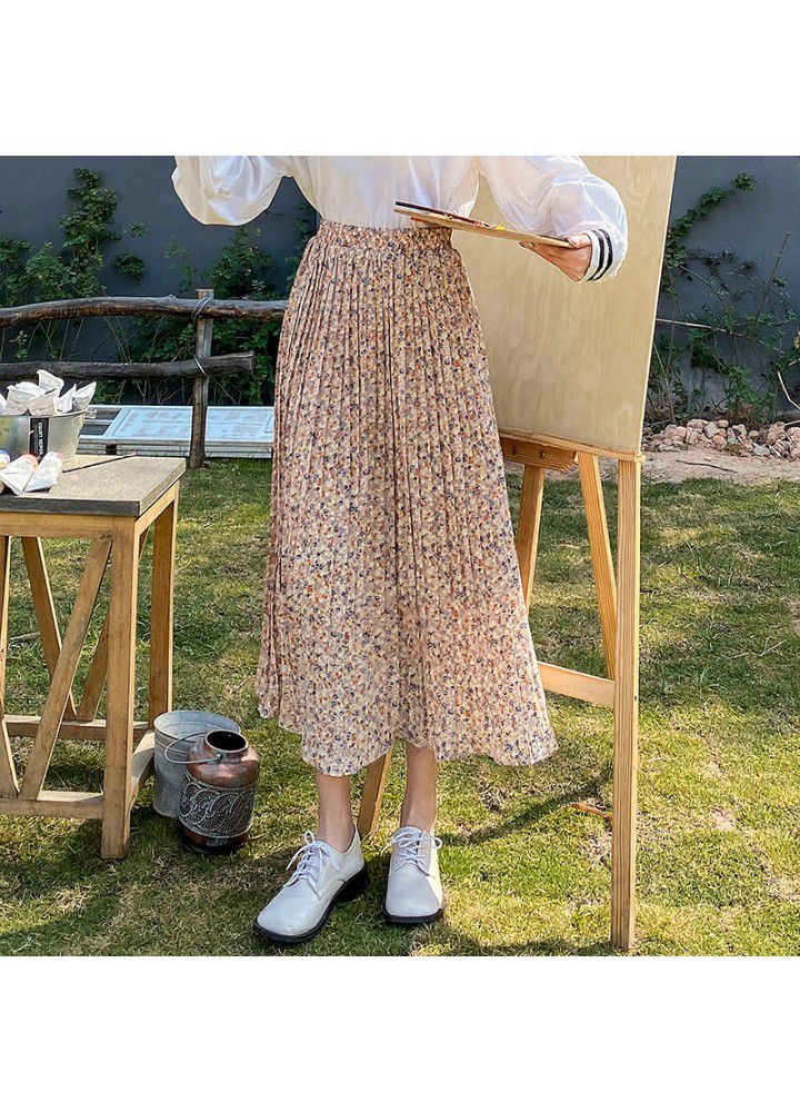 Real shot Chiffon floral skirt women's 2021 spring and summer new Korean high waist small mid length pleated skirt