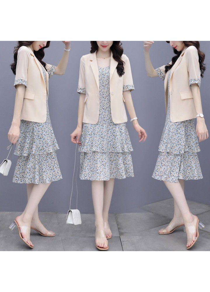 Suit dress women's summer 2021 new floral dress 2-piece suit dress with fashionable waist and thin foreign style