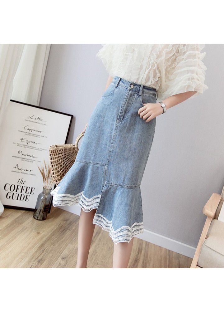 Real shot 2021 summer new Korean versatile high waist lace splicing mid length denim skirt