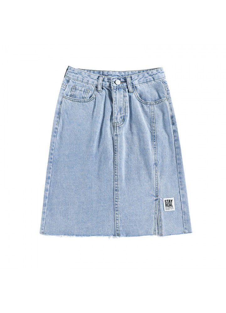 Split denim skirt women's summer cotton 2021 new Korean high waist slim bag hip small A-line short skirt