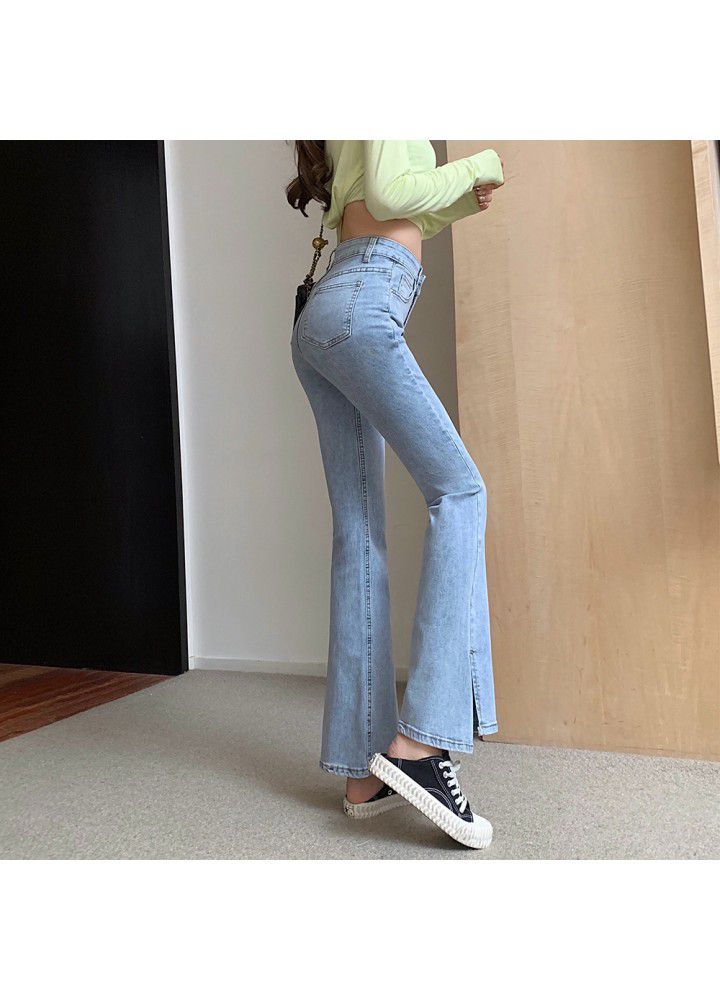 2021 spring new elastic real shot high waist skinny jeans women's tights hem split personality micro flared pants