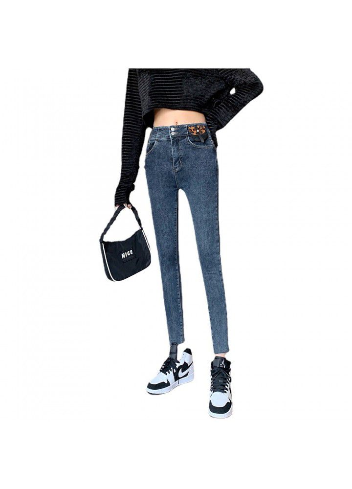 2021 spring and summer high waist jeans female leopard print Han stretch slim pencil pants tight feet 9 points