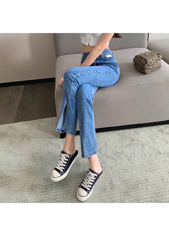 2021 spring new photo light color high waist jeans women's slim slim slim wide leg straight tube micro pants