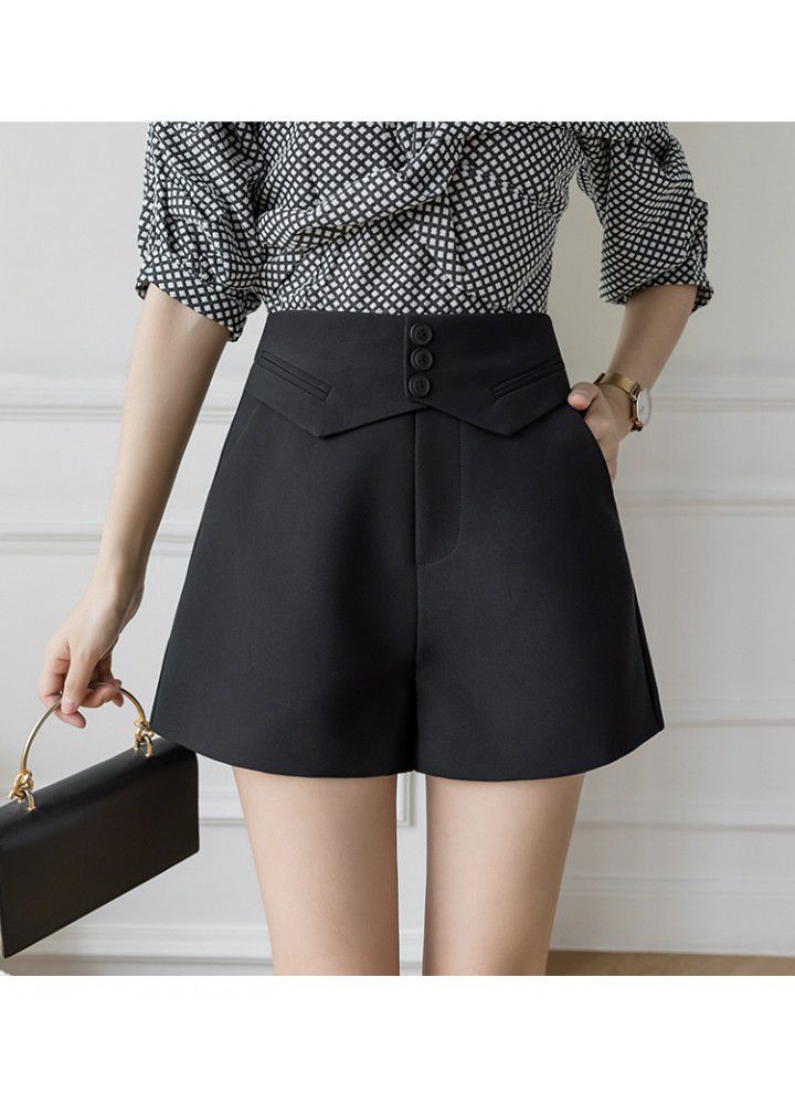 Korean shorts women's 2021 spring and summer new button suit shorts show thin foreign style leisure High Waist Wide Leg Pants