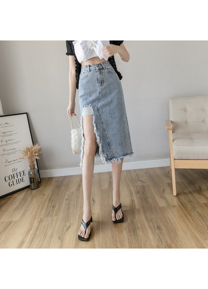 Real shot 2021 summer new Korean versatile high waist rough hem mid length denim skirt women's delivery belt