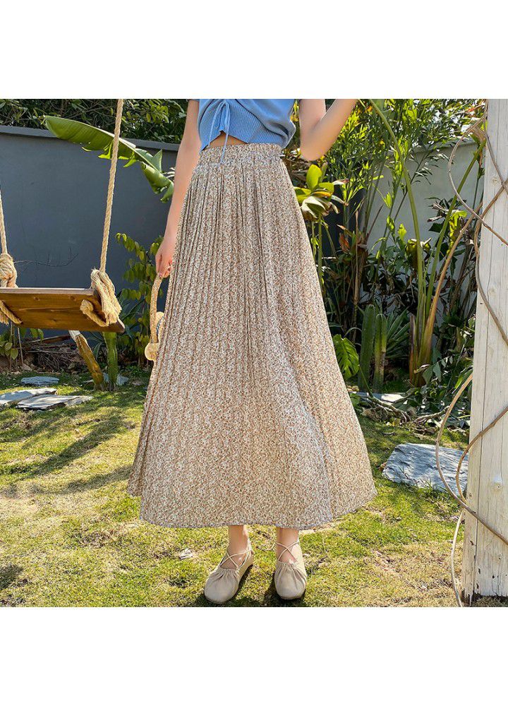 Real photo 2021 summer new high waist and thin temperament chiffon skirt versatile long skirt women's pleated floral skirt