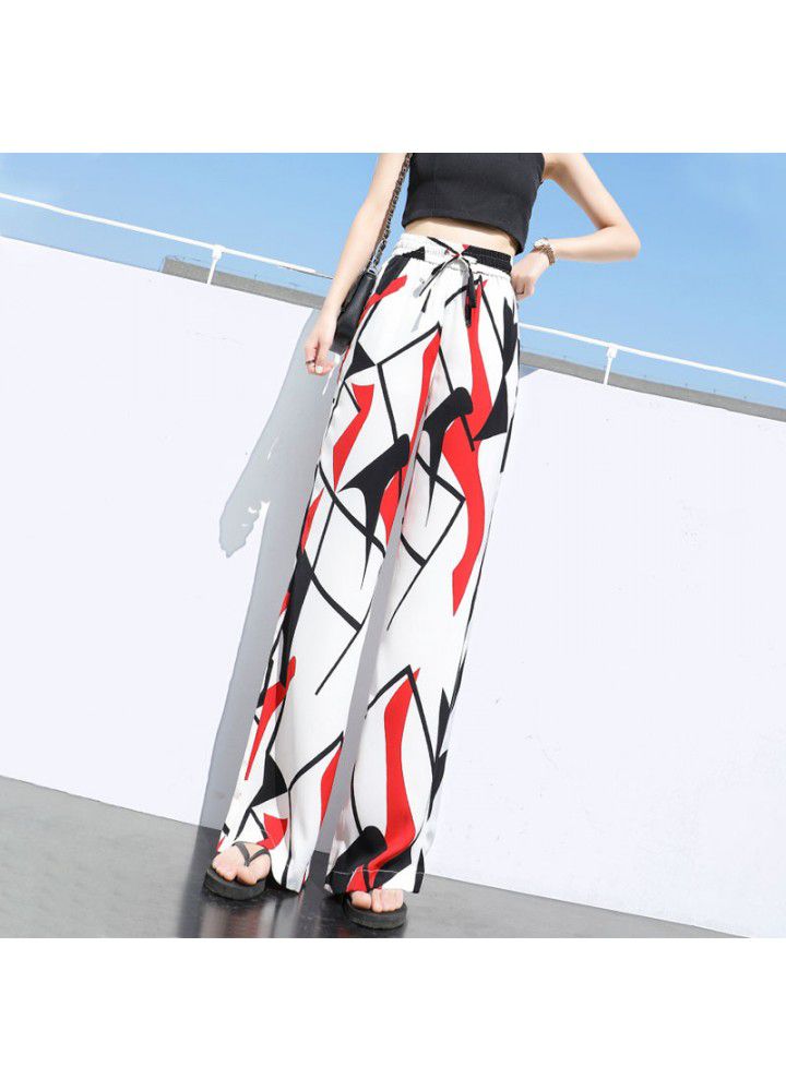 Large size wide leg pants 2021 summer new women's printing tie dyeing loose Korean Girls College style casual pants