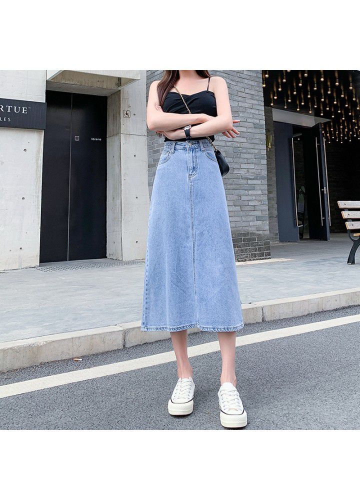 Denim skirt women's summer new cotton high waist loose and thin back split buttock A-line skirt factory direct supply