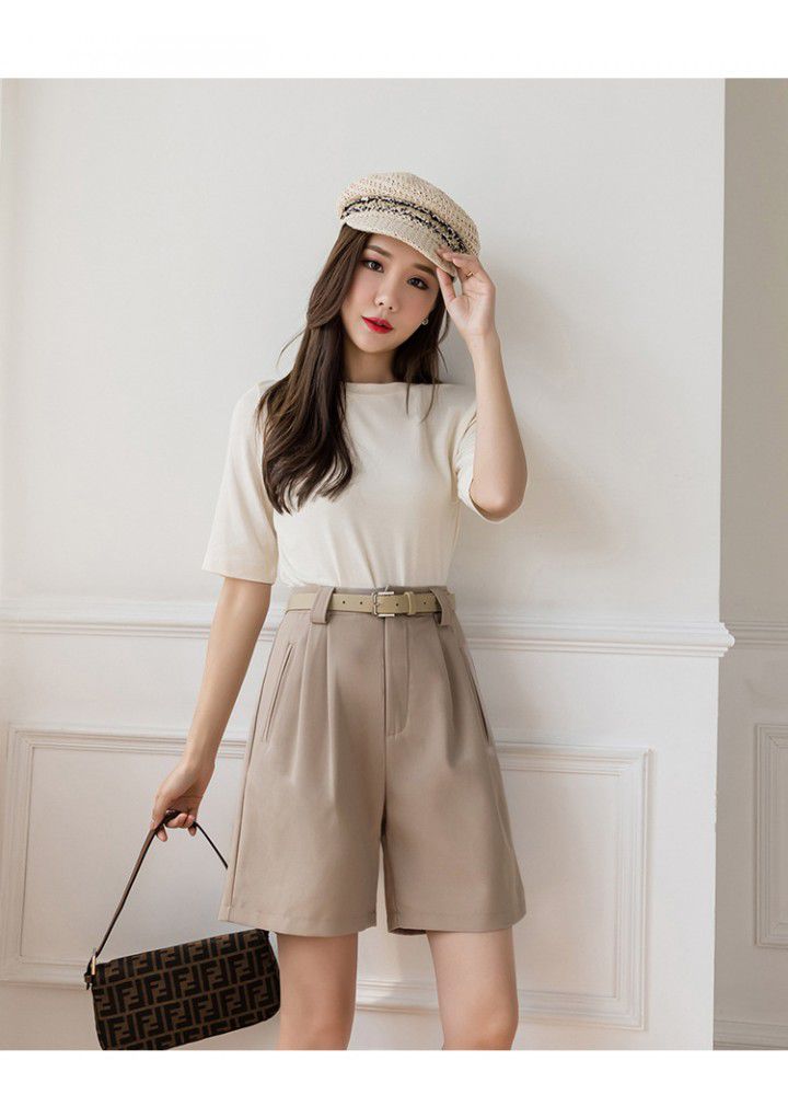 2021 spring and summer new casual pants women's High Waist Wide Leg Pants show thin suit 5-point shorts loose straight belt