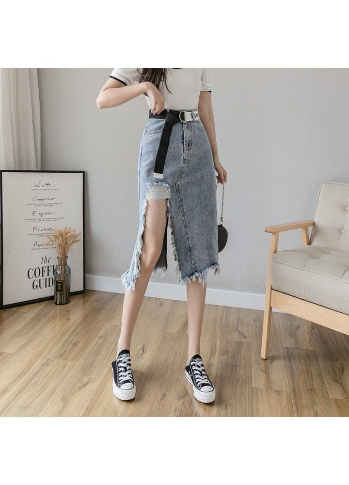 Real shot 2021 summer new Korean versatile high waist rough hem mid length denim skirt women's delivery belt