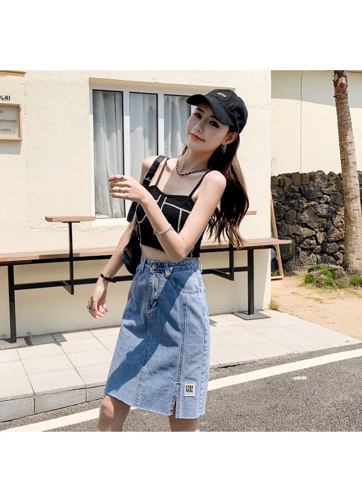 Split denim skirt women's summer cotton 2021 new Korean high waist slim bag hip small A-line short skirt