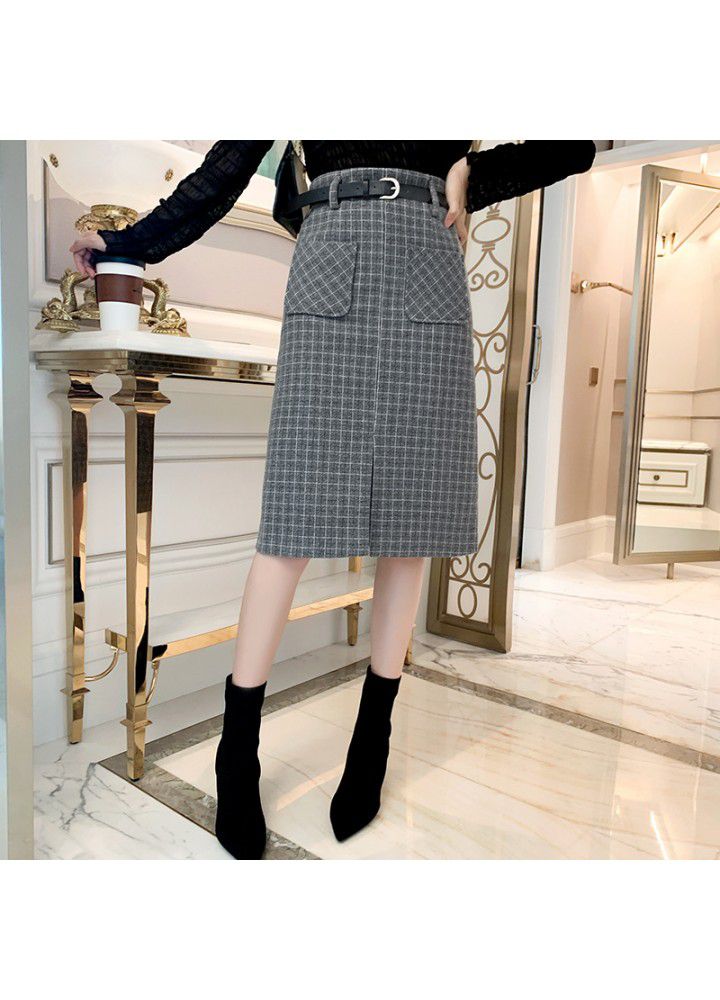 Autumn and winter 2020 new woolen Plaid mid length skirt with high and thin waist