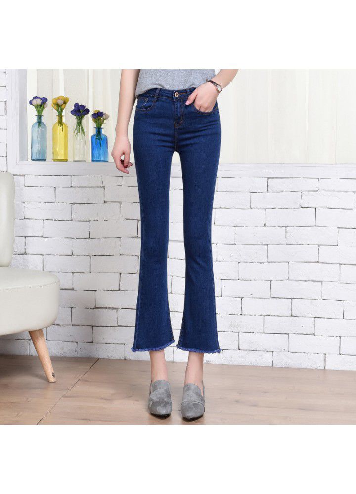 High waist 9-point flared jeans girls' stretch slim hem 9-point pants women's Korean tassel pants