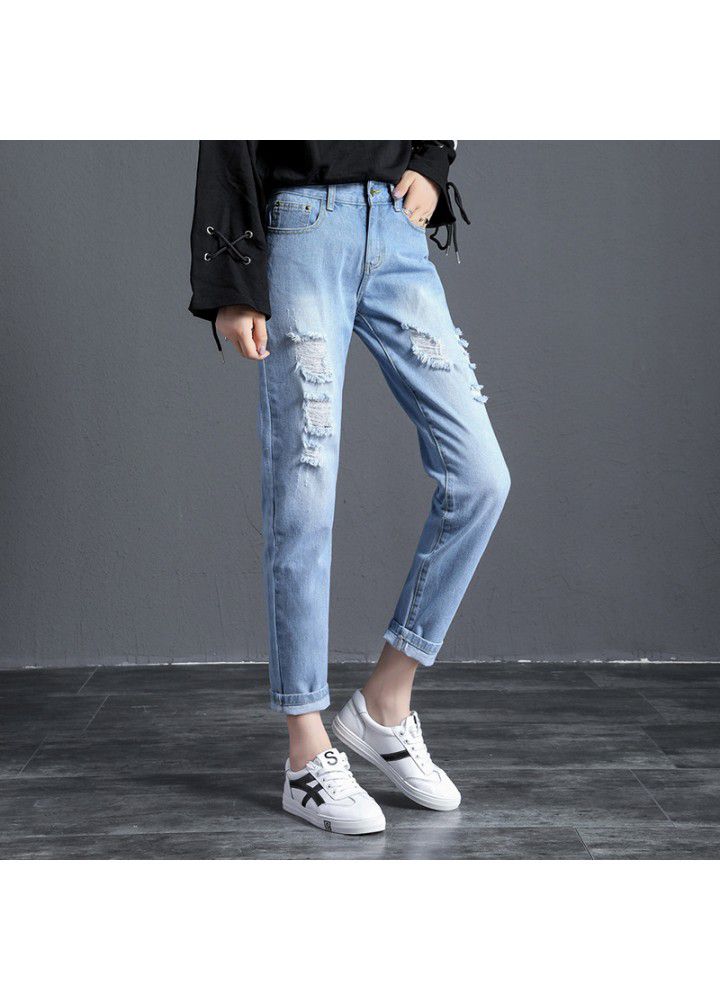 Slim jeans women's hole 9-point-2021 new fashion women's summer SLIM STRAIGHT pants