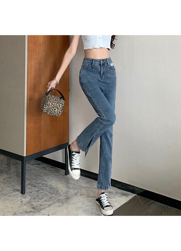 2021 spring new photo light color high waist jeans women's slim slim slim wide leg straight tube micro pants