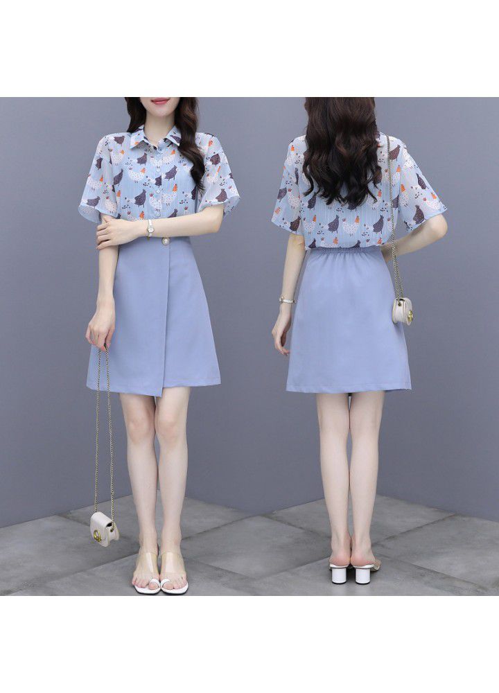 Western style suit skirt 2021 summer new women's temperament Chiffon Top with skirt two piece dress