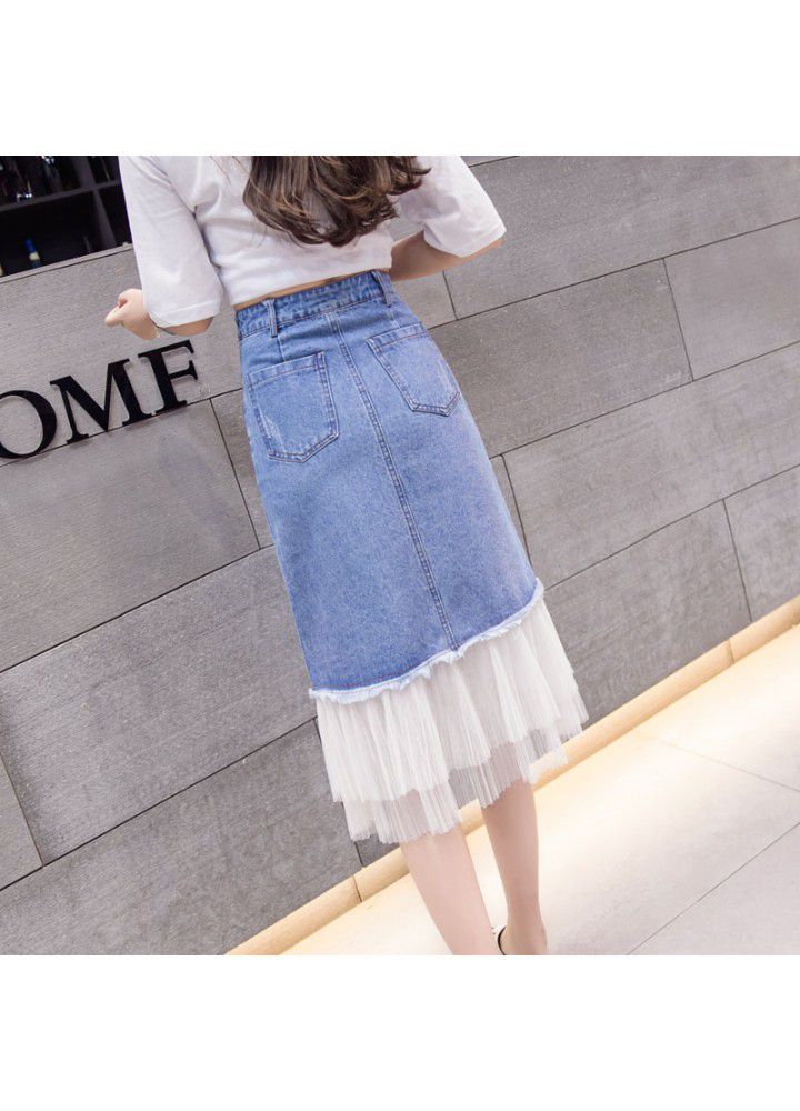 Real shot 2021 spring and summer new Korean versatile high waist denim mesh skirt