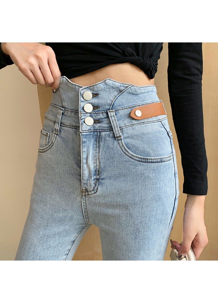 Real shot 2021 spring high waist thin irregular leg jeans women's elastic leather pencil 9 points