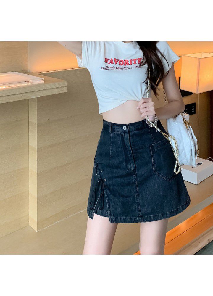 Skirt denim summer thin high waist slim slim show slim fashion split irregular A-line short skirt