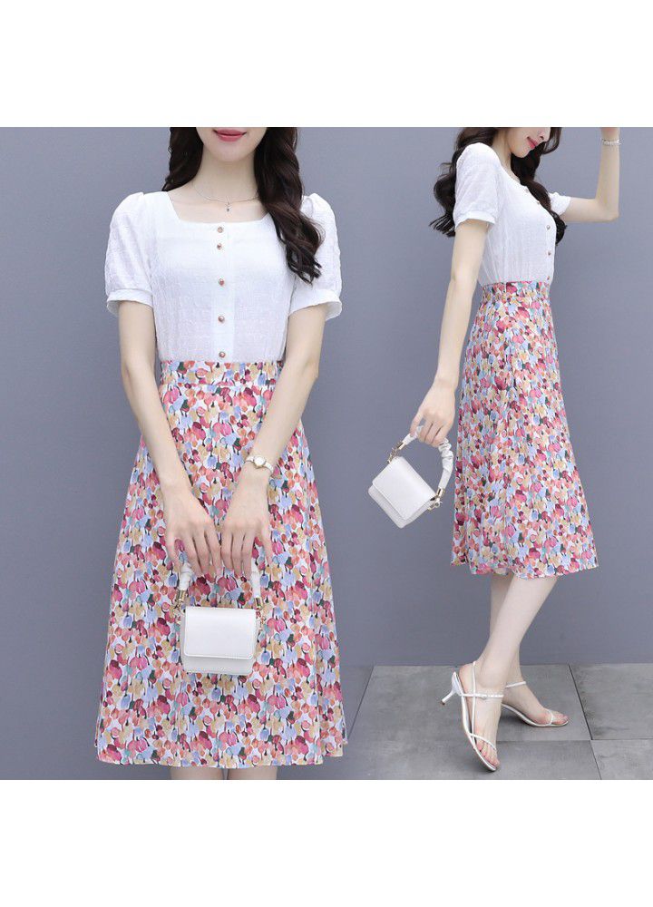 2021 summer new style elegant suit short sleeve half open collar blouse + ink printing skirt
