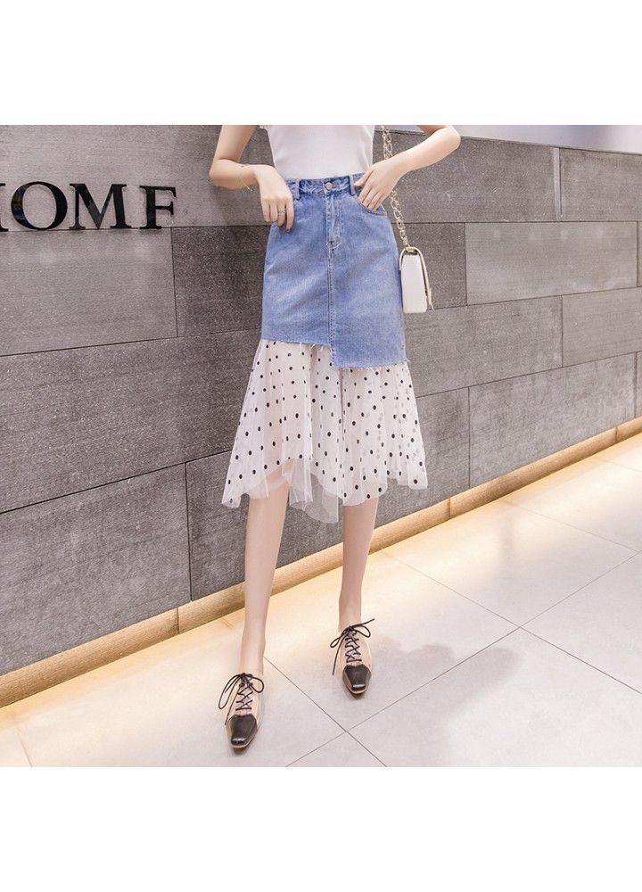 Real photo 2021 summer new Korean splicing dot gauze denim skirt medium length high waist skirt for women
