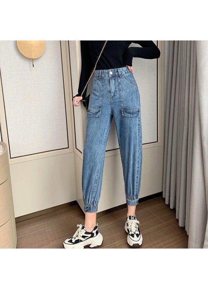 In spring and summer of 2021, father's pants, female high waist radish pants, slim jeans, female loose, small, nine point Harlan
